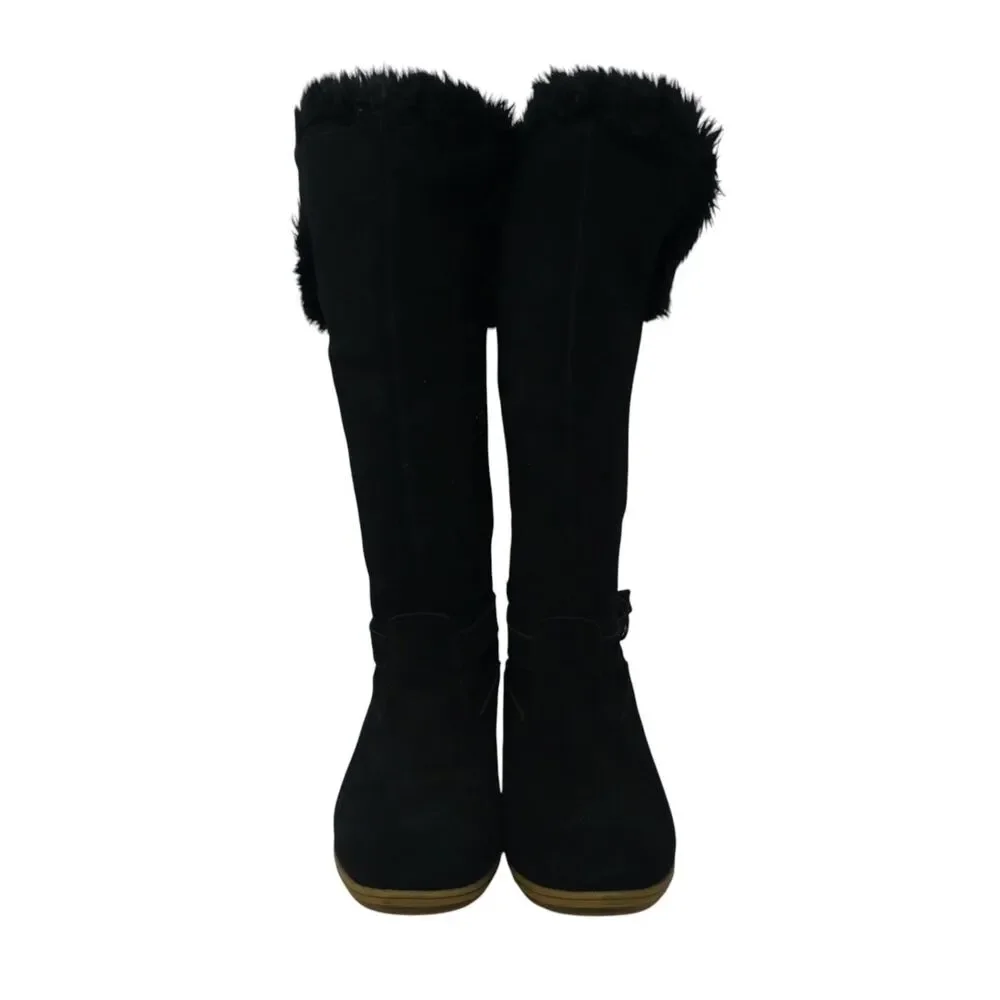 Lands End Black Suede Faux Fur Lined Wedge Heel Tall Winter Boots Womens 10